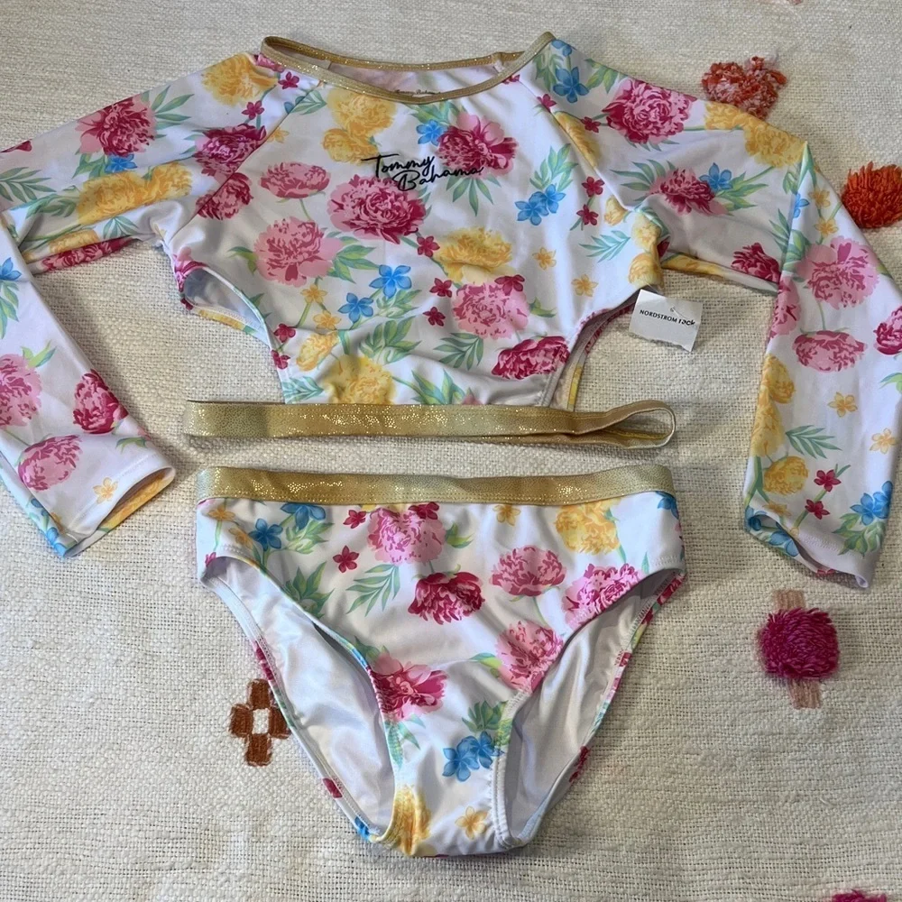 Tommy Bahama 💐 Girls 2-pc Set Sz 14 Floral L/S Rashguard with Gold Trim